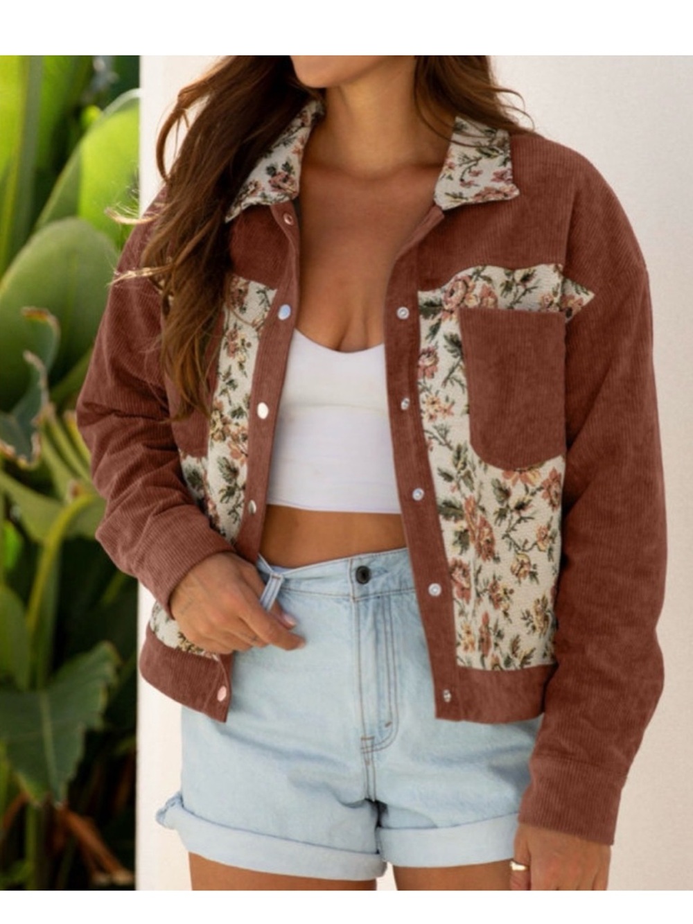 Boho Floral Tapestry Corduroy Patchwork Jacket Rust Size M NWT